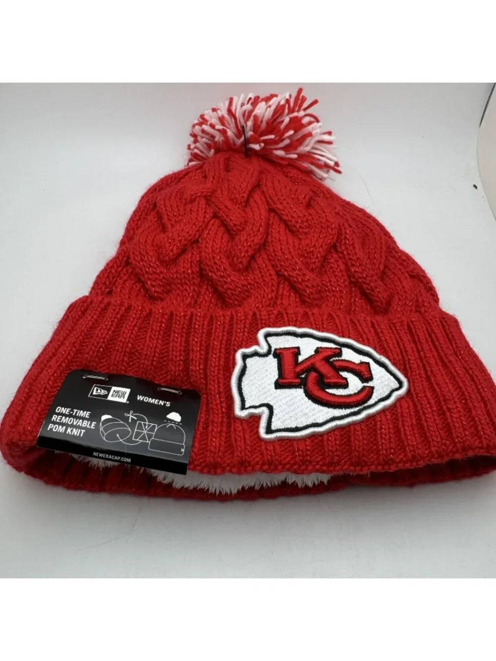 Kansas City Chiefs Beanie Hat Red Cable Knit Pom Faux Fur Lined New Era Women's